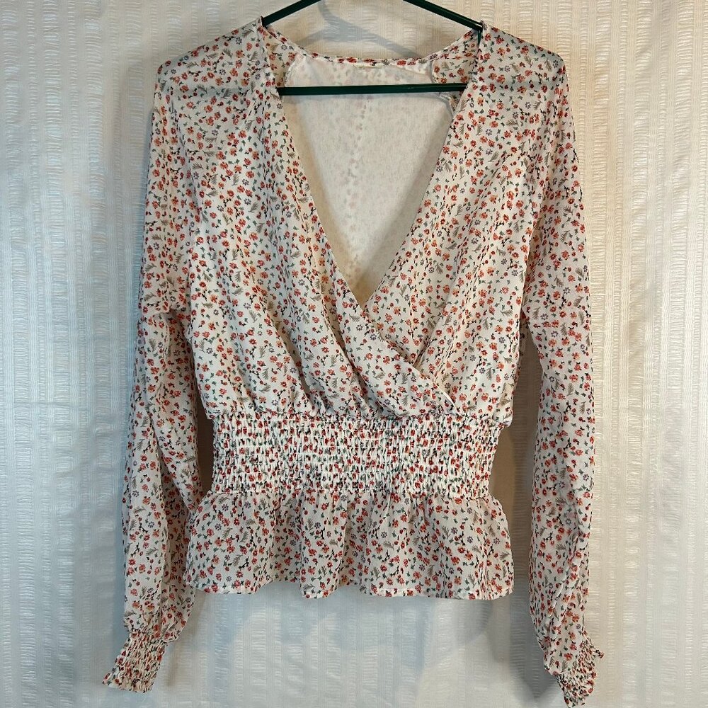Floral V-Neck Blouse Womens Sz L/XL